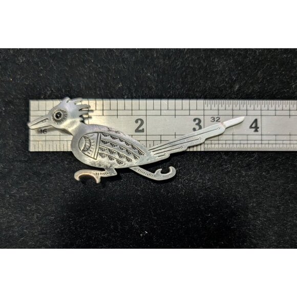 Vintage JJ Native American Roadrunner Brooch Pin Sterling Silver Gemstone Eye - Picture 5 of 13